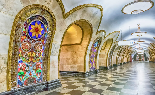 Interior of Novoslobodskaya subway station in Moscow, Russia